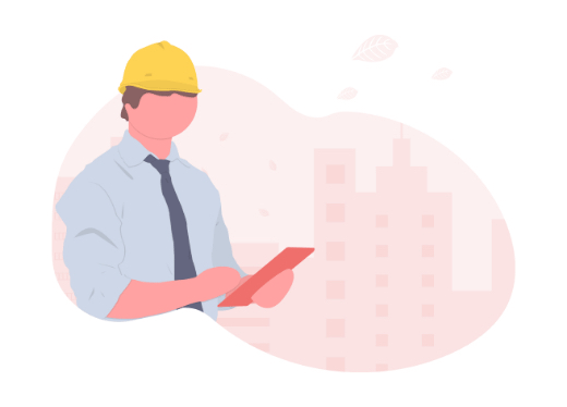 Illustration of a man wearing a hard hat and looking at a tablet with a building in the background