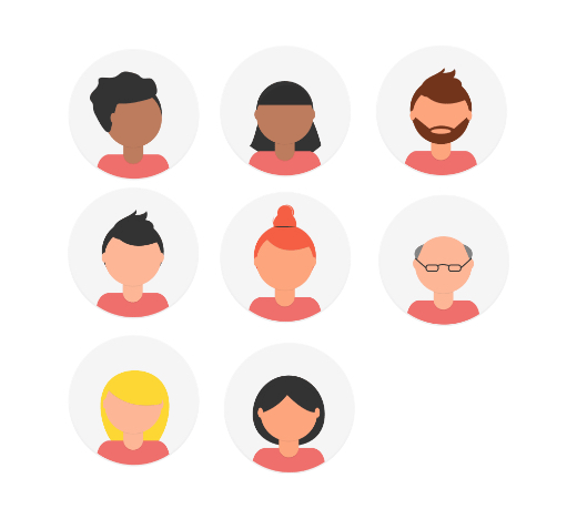 Illustration of a team of individuals portraits lined up in a 3x3 grid each with a circle-shaped background